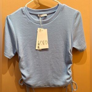 Zara Light Blue Ribbed Crop Top Short Sleeve Side Drawstrings NWT Size Large